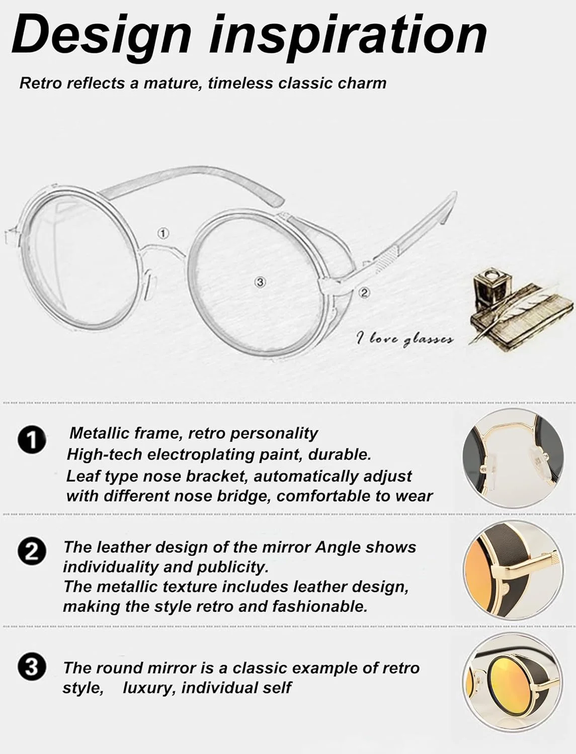 عینک آفتابی گرد BONNAMI، فریم فلزی دایره ای مشکی استیم پانک یکپارچهسازی با سیستمعامل، عینک آفتابی وینتیج برای مردان و زنان - عینک سایه چرمی برای مهمانی، مسافرت، خرید، تولد، ایفای نقش - ضد اشعه آبی UV400