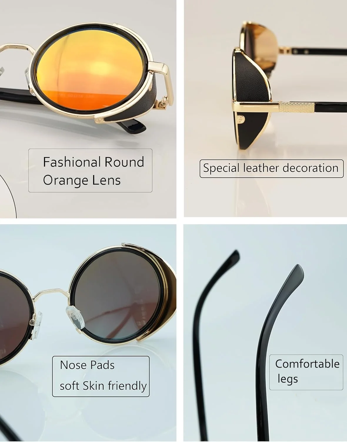 عینک آفتابی گرد BONNAMI، فریم فلزی دایره ای مشکی استیم پانک یکپارچهسازی با سیستمعامل، عینک آفتابی وینتیج برای مردان و زنان - عینک سایه چرمی برای مهمانی، مسافرت، خرید، تولد، ایفای نقش - ضد اشعه آبی UV400