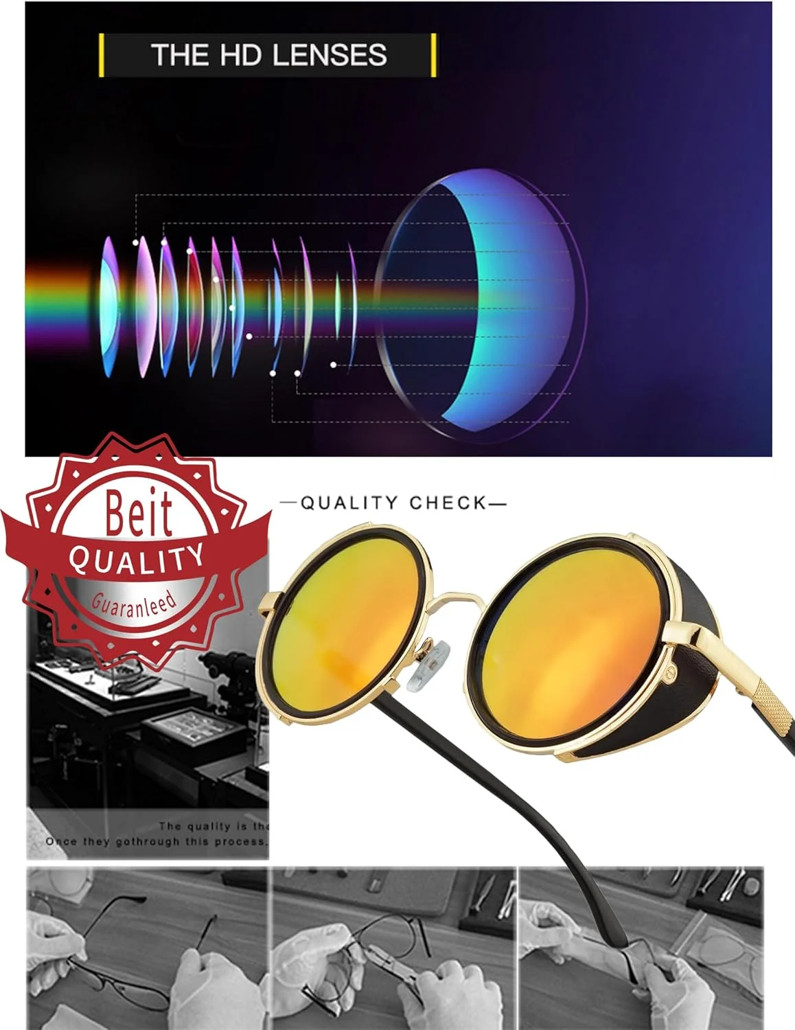 عینک آفتابی گرد BONNAMI، فریم فلزی دایره ای مشکی استیم پانک یکپارچهسازی با سیستمعامل، عینک آفتابی وینتیج برای مردان و زنان - عینک سایه چرمی برای مهمانی، مسافرت، خرید، تولد، ایفای نقش - ضد اشعه آبی UV400