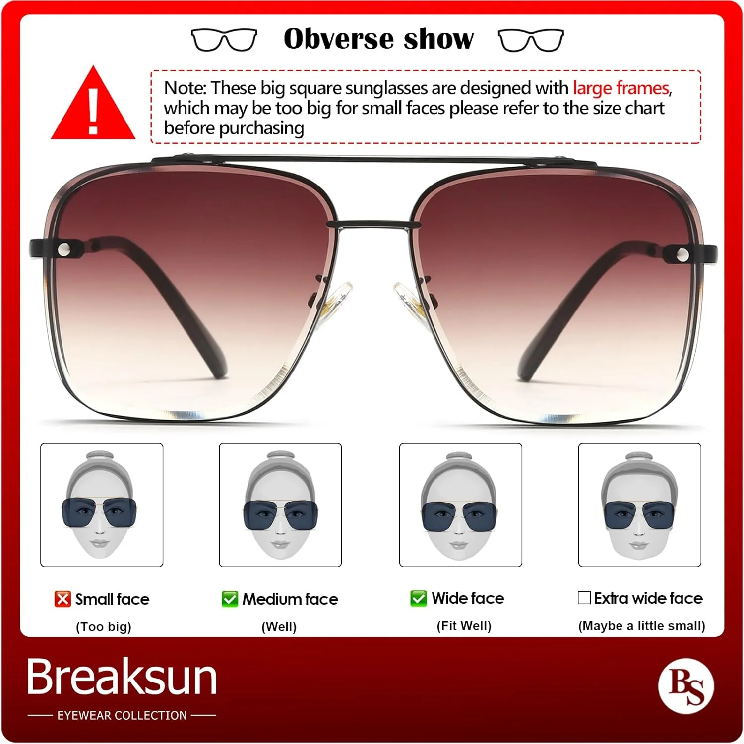 عینک آفتابی خلبانی مربعی Breaksun مردانه زنانه، لنز برش الماس مد روز قدیمی، سایه های گرادیان خلبانی نظامی کلاسیک