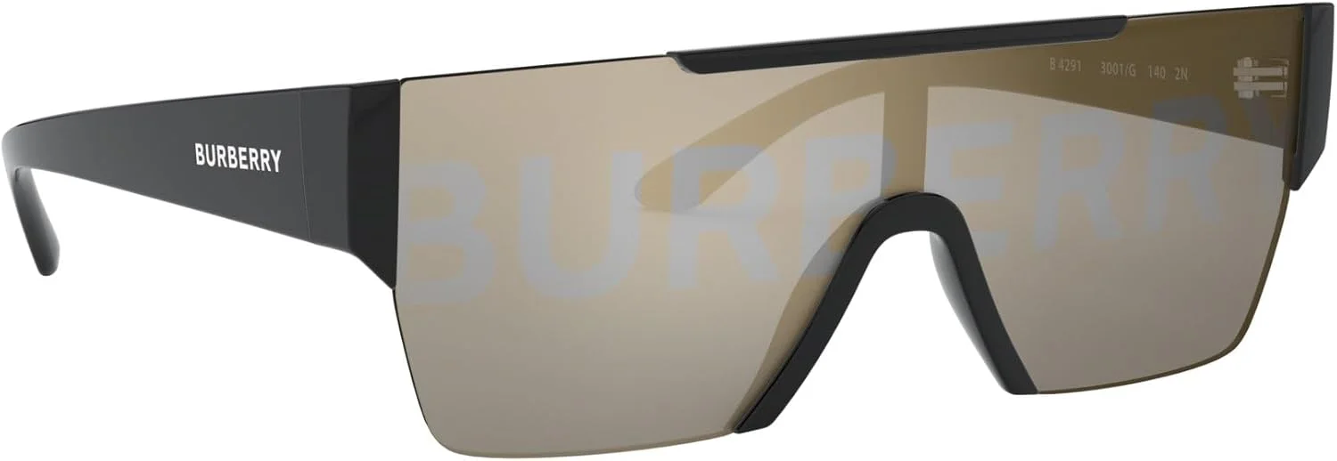 عینک آفتابی مستطیلی پلاستیکی مشکی BURBERRY BE 4291 3001/G با لنز آینه ای طلایی، مشکی، 38-138-140