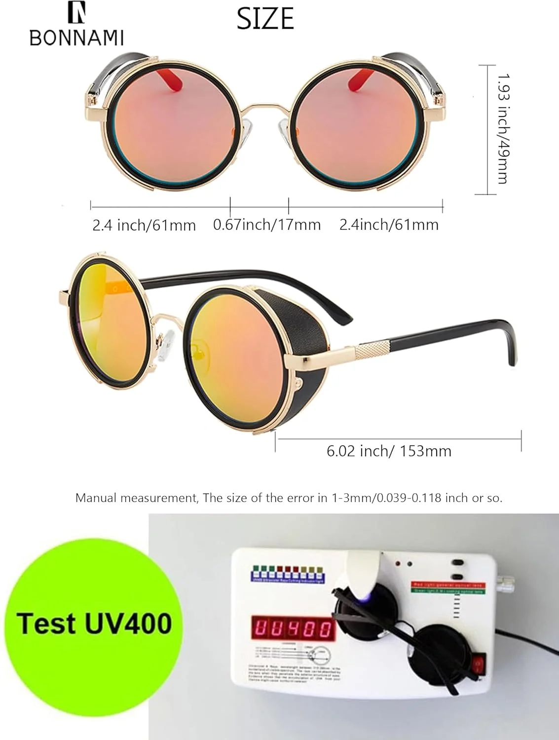 عینک آفتابی گرد BONNAMI، فریم فلزی دایره ای مشکی استیم پانک یکپارچهسازی با سیستمعامل، عینک آفتابی وینتیج برای مردان و زنان - عینک سایه چرمی برای مهمانی، مسافرت، خرید، تولد، ایفای نقش - ضد اشعه آبی UV400