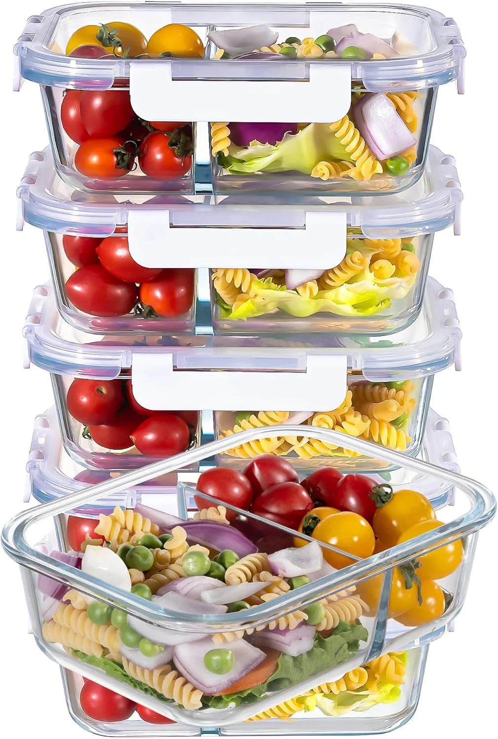 ظروف شیشه ای نگهداری غذا MFY، بسته 5 عددی، 1065 میلی لیتری، ظروف آماده سازی غذا شیشه ای 2 قسمتی، ظروف ناهار شیشه ای درب دار، قابل استفاده در مایکروویو، فر، فریزر و ماشین ظرفشویی، سفید