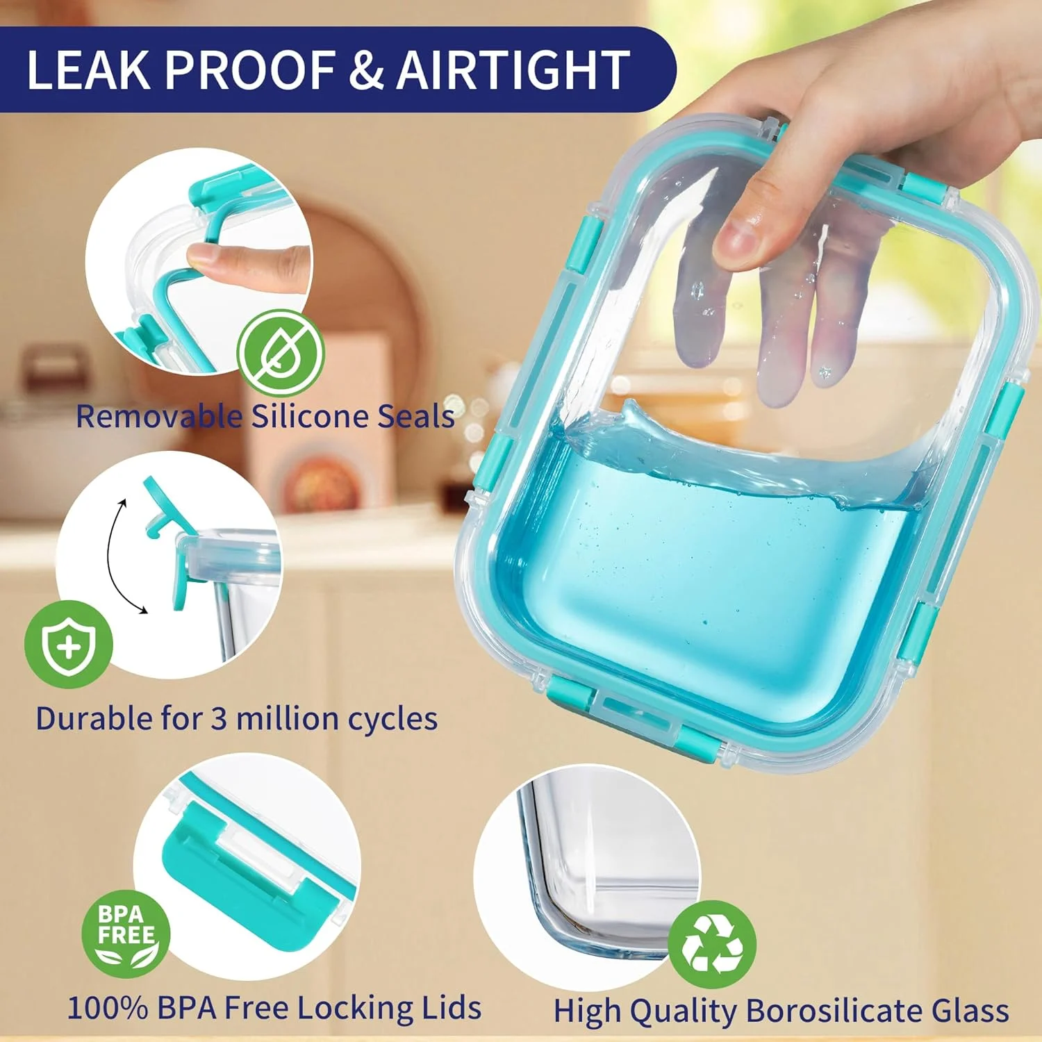 ظروف نگهداری شیشه ای MFY بسته 10 عددی با درب، ست ظروف آماده سازی غذا شیشه ای، ظروف ناهار شیشه ای درب دار، قابل استفاده در مایکروویو، فر، فریزر و ماشین ظرفشویی، سبز