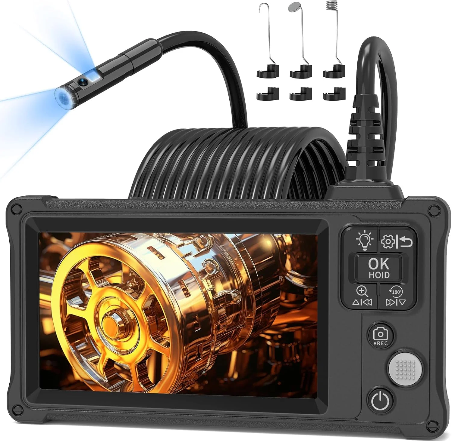 دوربین آندوسکوپی دو لنز با نور، بوراسکوپ 5 اینچی IPS 1920P HD Ennovor با 8 چراغ LED قابل تنظیم، بازرسی آندوسکوپی ضد آب IP67، کابل نیمه سخت 5 متری 16.5FT