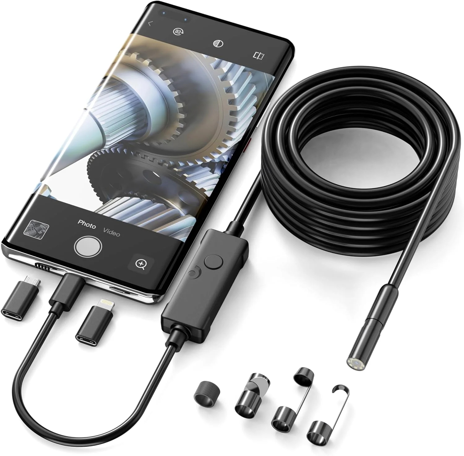 دوربین آندوسکوپی 1920P HD با طول 5 متر و 8 چراغ LED، رابط iOS و Android برای تلفن و تبلت، دوربین ضد آب IP67، دوربین بازرسی نیمه سخت 7.9 میلی متری برای لوله های فاضلاب، موتور خودرو، دیوارها