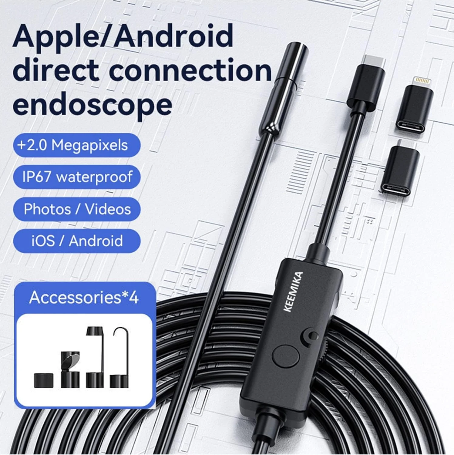 دوربین آندوسکوپی 1920P HD با طول 5 متر و 8 چراغ LED، رابط iOS و Android برای تلفن و تبلت، دوربین ضد آب IP67، دوربین بازرسی نیمه سخت 7.9 میلی متری برای لوله های فاضلاب، موتور خودرو، دیوارها