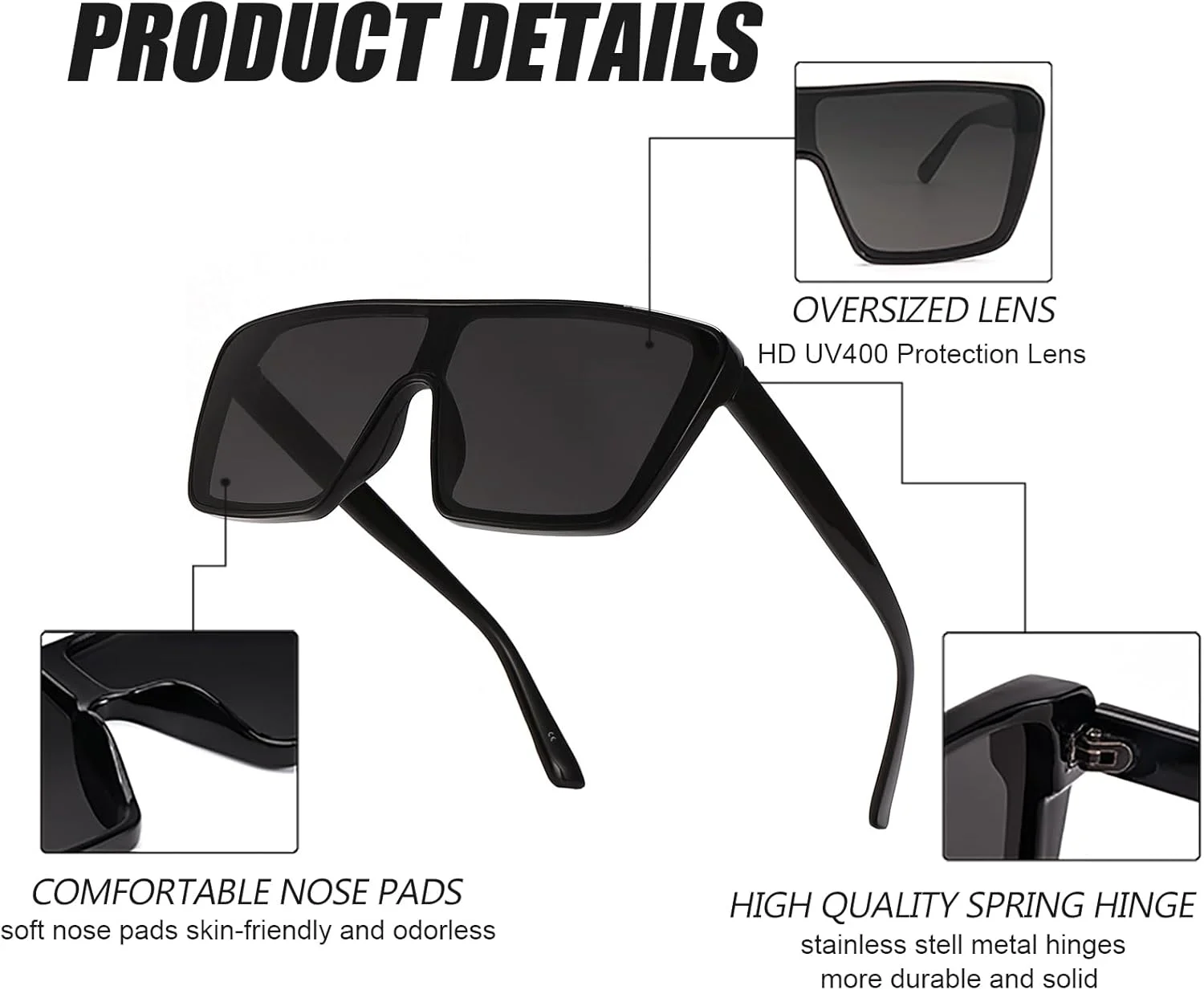 عینک آفتابی مربعی بزرگ Dollger برای زنان و مردان، عینک آفتابی بزرگ با فریم مد روز، عینک آفتابی شیک UV400