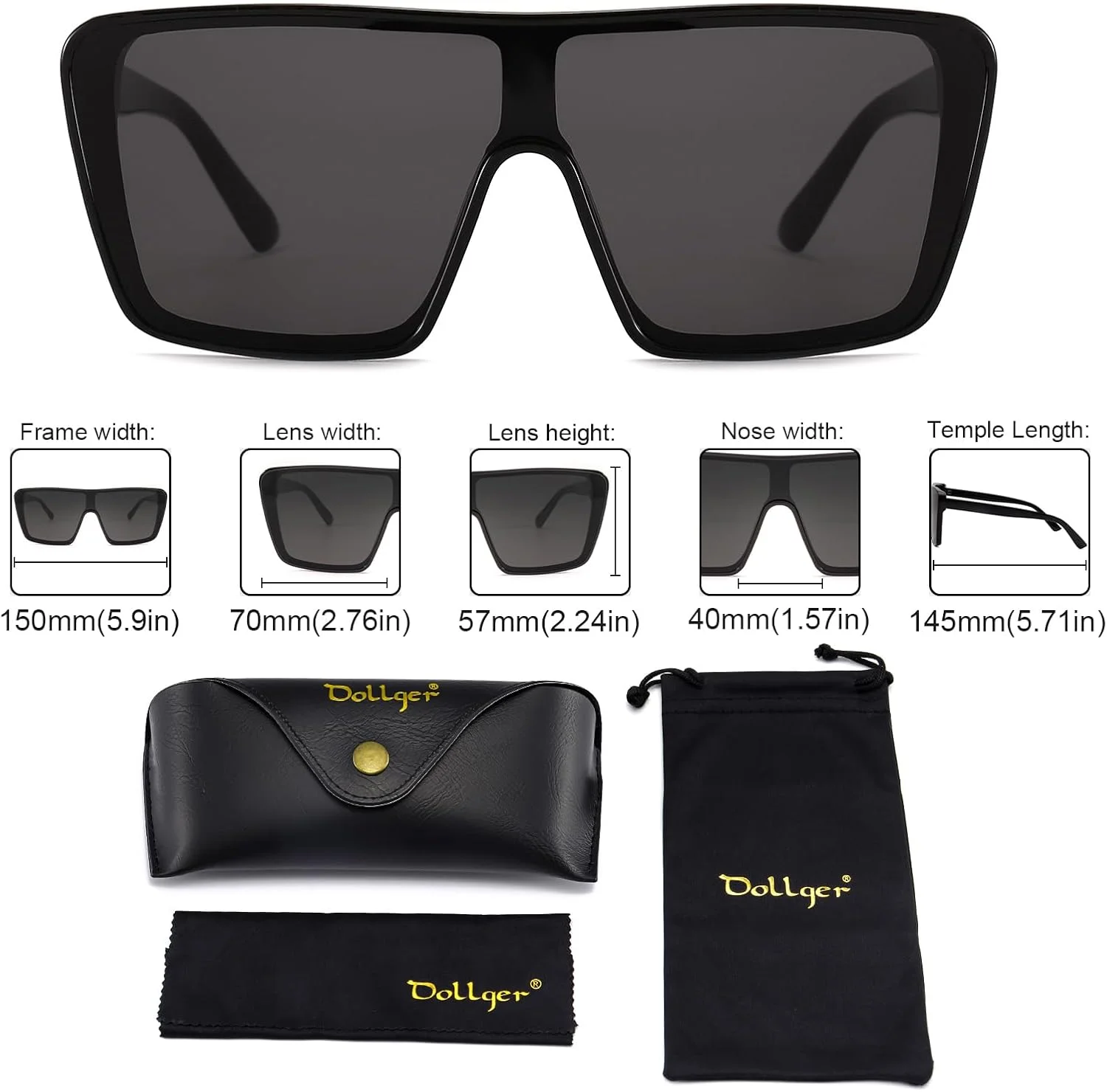 عینک آفتابی مربعی بزرگ Dollger برای زنان و مردان، عینک آفتابی بزرگ با فریم مد روز، عینک آفتابی شیک UV400