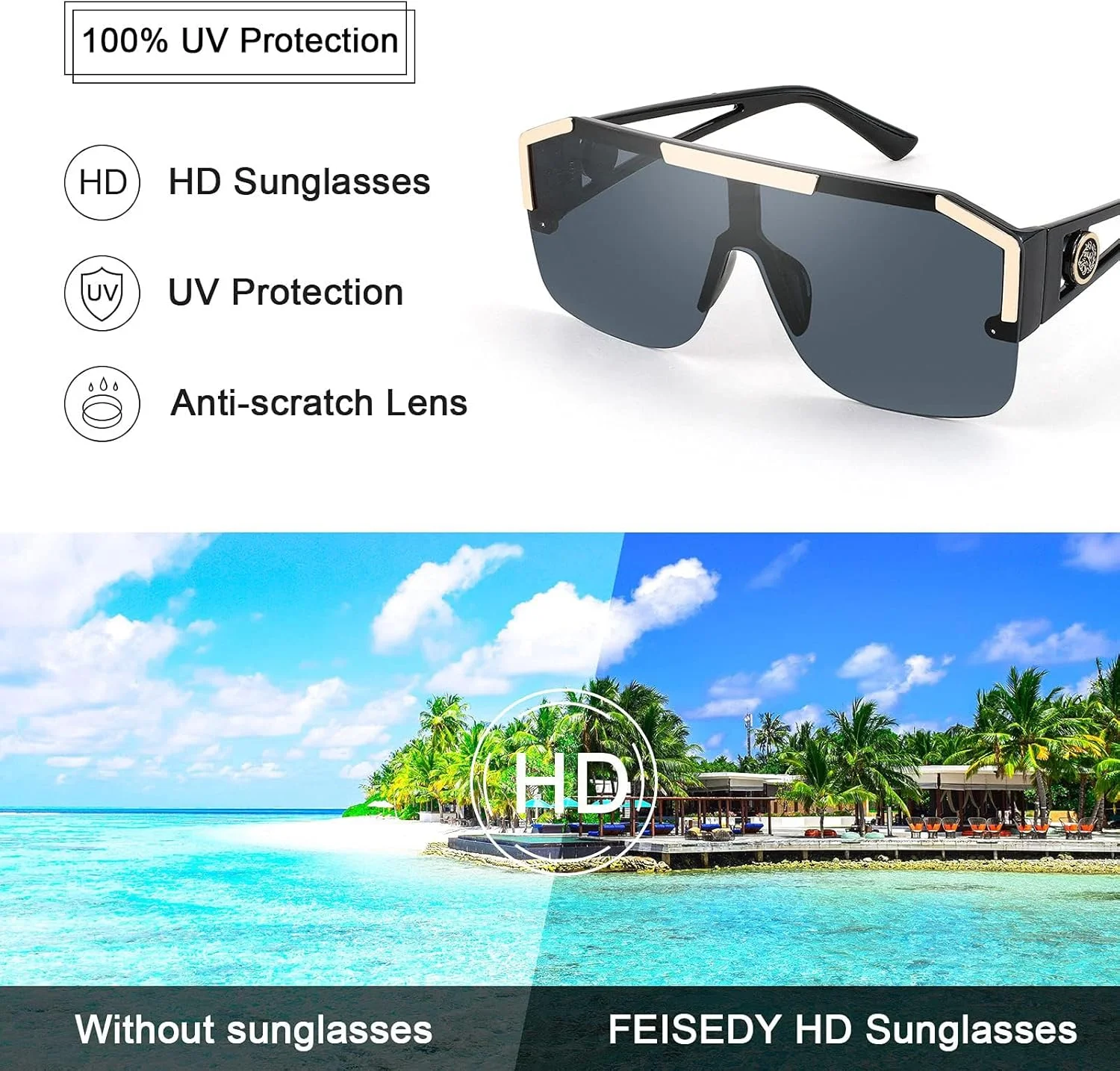 عینک آفتابی مربعی FEISEDY، یک تکه، بدون فریم، شیک، محافظ UV400، مدل B2765