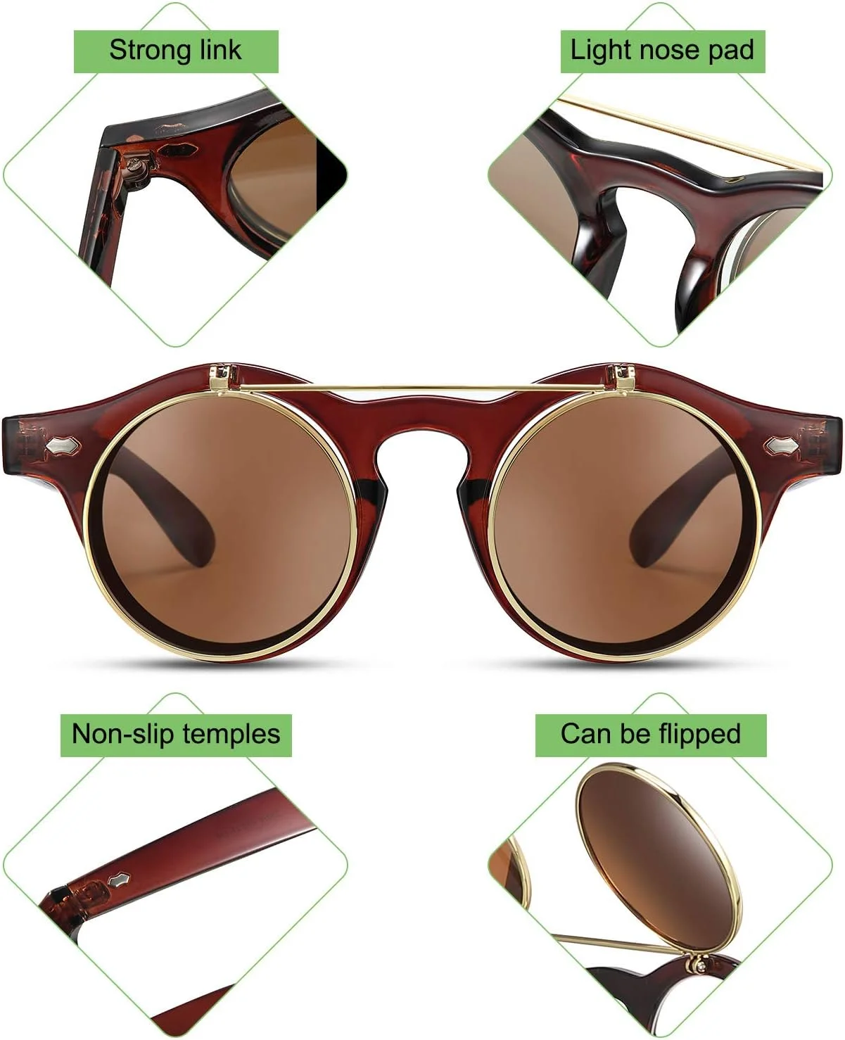 فریندا 3 جفت عینک آفتابی تاشو، عینک های گرد یکپارچهسازی با سیستمعامل، عینک آفتابی استیم پانک برای مهمانی