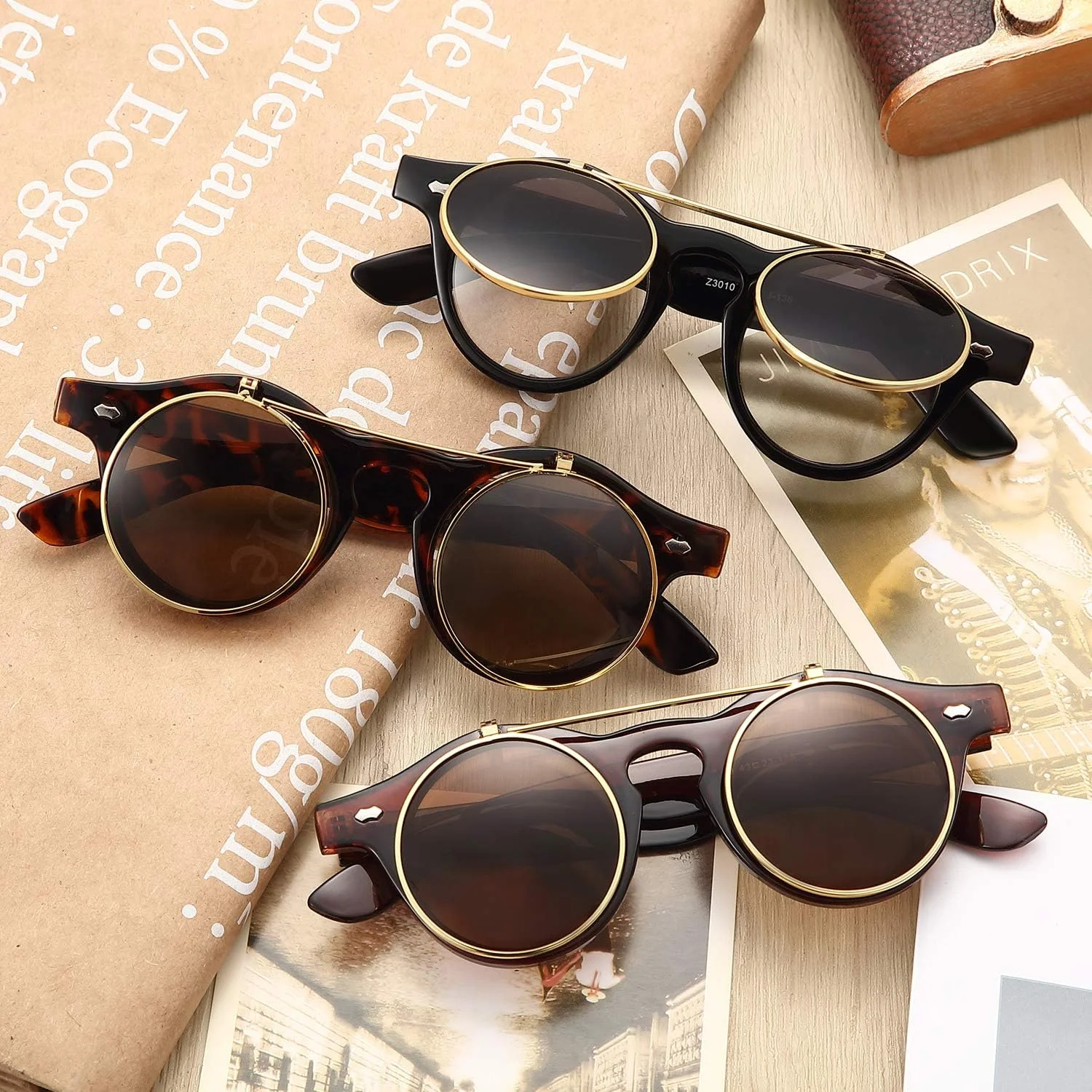 فریندا 3 جفت عینک آفتابی تاشو، عینک های گرد یکپارچهسازی با سیستمعامل، عینک آفتابی استیم پانک برای مهمانی