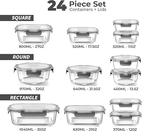 ست ظروف شیشه ای ۲۴ پارچه PICCASIO™، نگهداری مواد غذایی به صورت کاملا دربسته، ترویج کنترل اندازه وعده، قابل استفاده در مایکروویو، فر، فریزر و ماشین ظرفشویی، با درب های قفل شونده راحت.