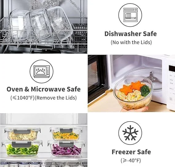 ست ظروف شیشه ای ۲۴ پارچه PICCASIO™، نگهداری مواد غذایی به صورت کاملا دربسته، ترویج کنترل اندازه وعده، قابل استفاده در مایکروویو، فر، فریزر و ماشین ظرفشویی، با درب های قفل شونده راحت.