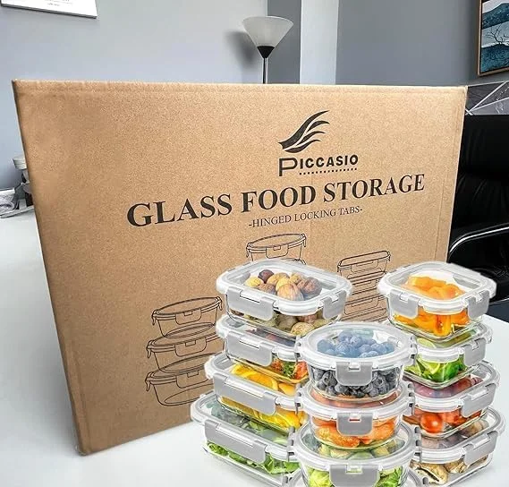 ست ظروف شیشه ای ۲۴ پارچه PICCASIO™، نگهداری مواد غذایی به صورت کاملا دربسته، ترویج کنترل اندازه وعده، قابل استفاده در مایکروویو، فر، فریزر و ماشین ظرفشویی، با درب های قفل شونده راحت.