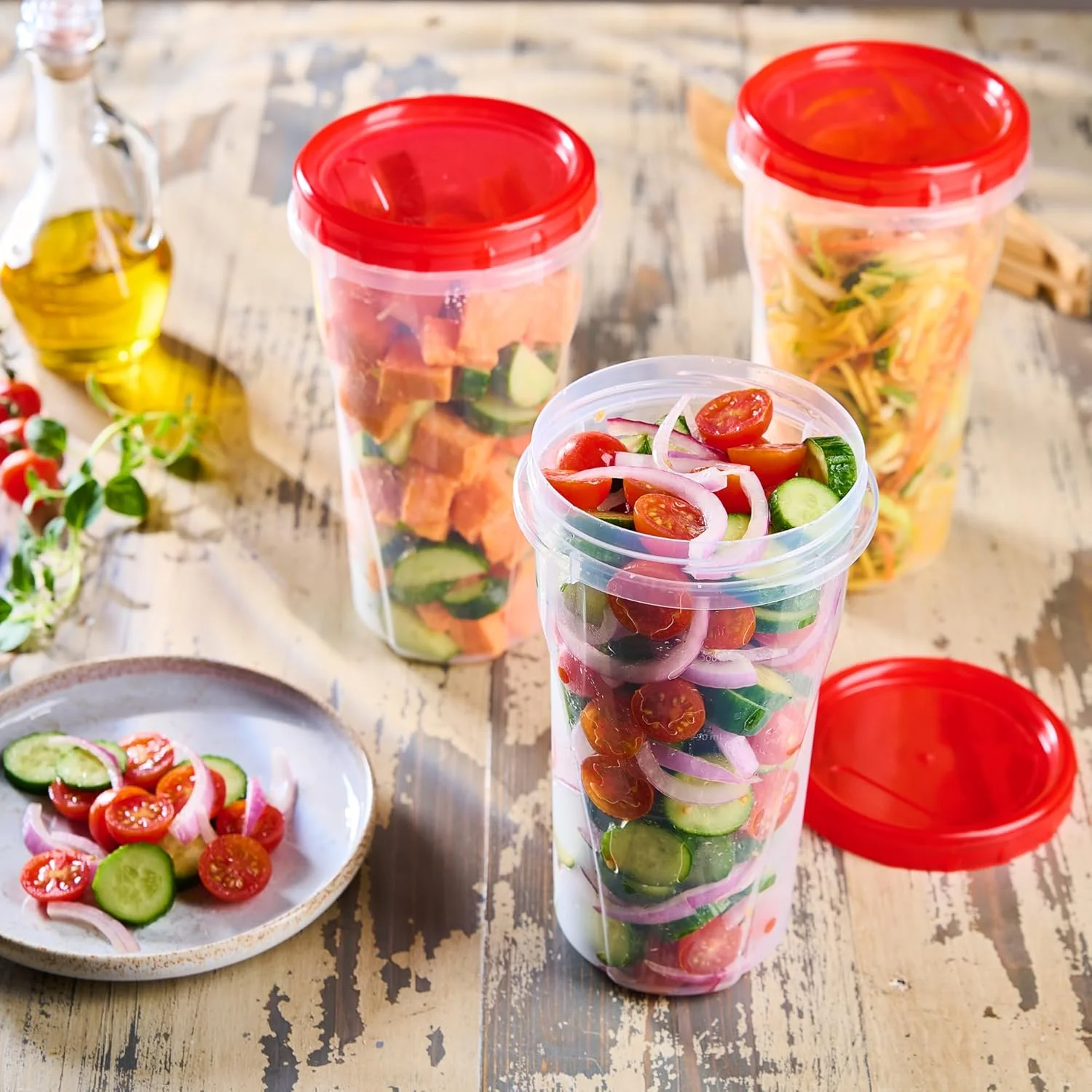 ظروف نگهداری مواد غذایی درب پیچی پلاستیک پرو، بسته 12 عددی با درب قرمز - ظروف آماده سازی غذا 1420 میلی لیتری قابل استفاده مجدد - ظروف بزرگ فریزر، پلاستیکی قرمز، مناسب مایکروویو