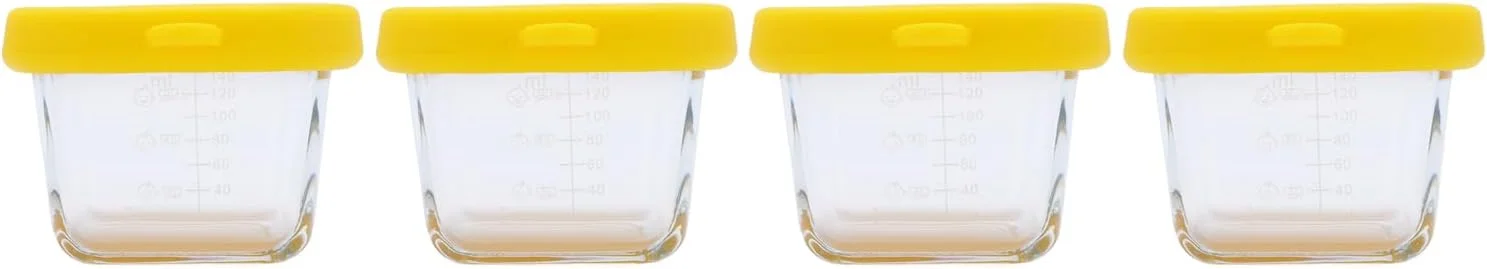 ظرف غذای قابل حمل 140 میلی لیتری ضد نشت با درب سیلیکونی برای غذای کمکی کودکان، ست 4 عددی ظرف نگهداری غذای شیشه ای، قابل استفاده در مایکروویو و فریزر