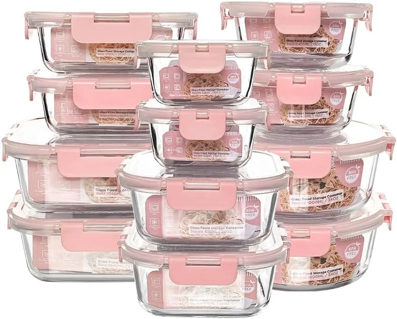 ظروف نگهداری شیشه ای QOWOEO بسته 12 عددی، شفاف، طراحی قابل چیدمان، ظروف آماده سازی غذا برای نگهداری مواد غذایی، سازماندهی خانه، آشپزخانه و انبار، قابل استفاده در مایکروویو/فریزر/ماشین ظرفشویی