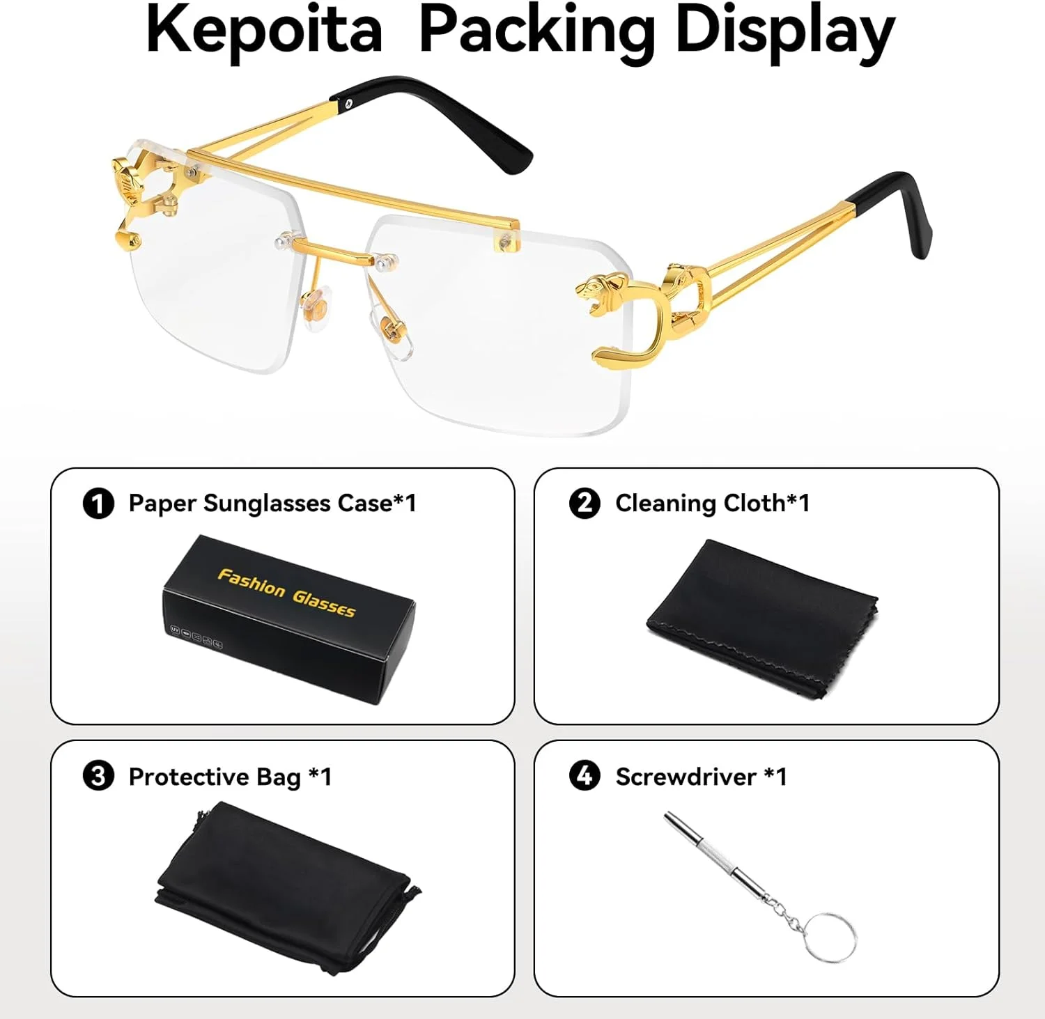 عینک آفتابی بدون فریم Kepoita مردانه، مربعی، شیک، لنزهای رنگی، فلزی، مستطیلی، Y2K، محافظ UV400