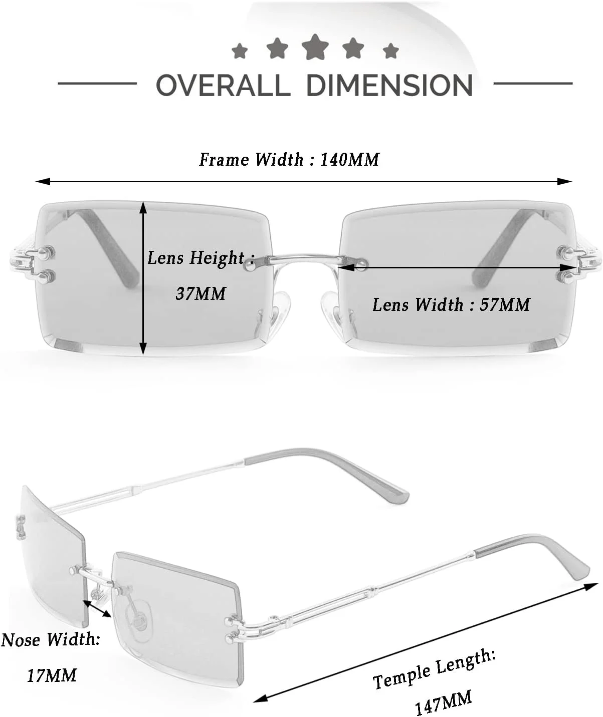 عینک آفتابی مستطیلی بدون فریم کورسان مردانه زنانه، عینک آفتابی کوچک بدون لبه محافظ UV400