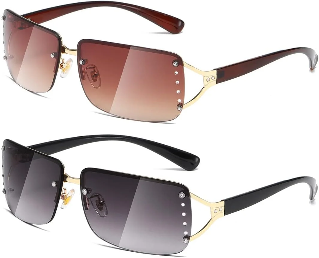 عینک آفتابی بدون فریم MAKINGTEC، 2 جفت عینک مستطیلی بدون حاشیه، عینک های مستطیلی شفاف و قدیمی رنگی بدون فریم برای زنان و مردان، فریم مربعی