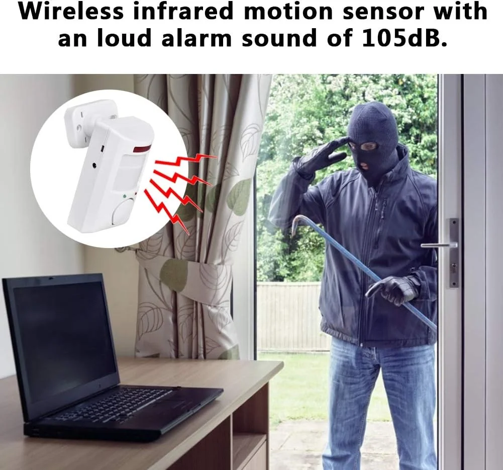سیستم آلارم بی سیم 105 دسی بل، آشکارساز امنیتی آلارم سنسور حرکتی مادون قرمز با براکت قابل تنظیم، آلارم دیواری، امنیت خانه