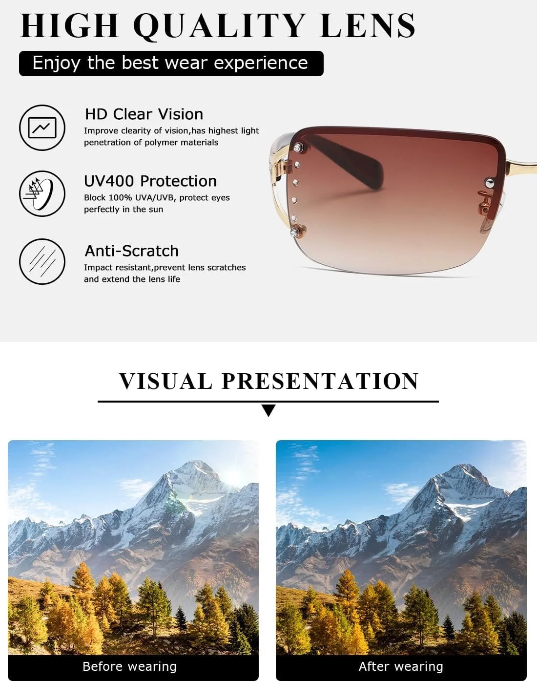 عینک آفتابی بدون فریم MAKINGTEC، 2 جفت عینک مستطیلی بدون حاشیه، عینک های مستطیلی شفاف و قدیمی رنگی بدون فریم برای زنان و مردان، فریم مربعی