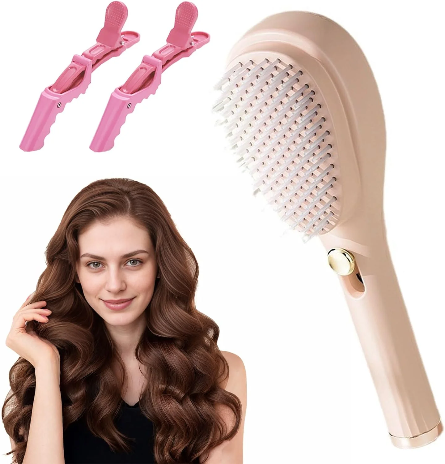 JIANGLAI Telescopic Self Cleaning Hair Brush with Two Hair Clips, One Click Hair Comb Anti Static Massage Eliminates Knots Detangling Hairbrush for Wet and Dry Hair All Hair Types (Beige)