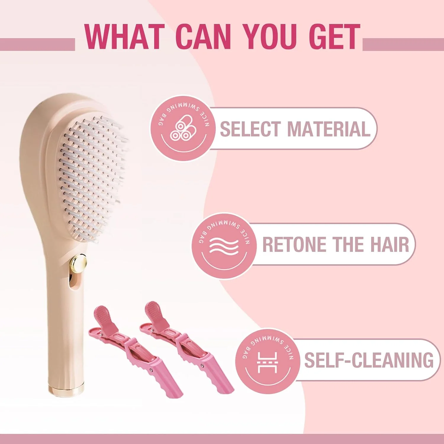 JIANGLAI Telescopic Self Cleaning Hair Brush with Two Hair Clips, One Click Hair Comb Anti Static Massage Eliminates Knots Detangling Hairbrush for Wet and Dry Hair All Hair Types (Beige) JIANGLAI Telescopic Self Cleaning Hair Brush with Two Hair Clips, One Click Hair Comb Anti Static Massage Eliminates Knots Detangling Hairbrush for Wet and Dry Hair All Hair Types (Beige)