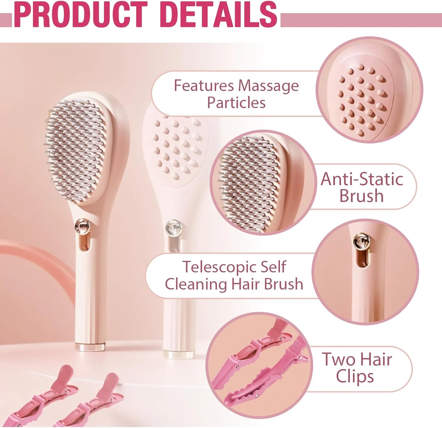 JIANGLAI Telescopic Self Cleaning Hair Brush with Two Hair Clips, One Click Hair Comb Anti Static Massage Eliminates Knots Detangling Hairbrush for Wet and Dry Hair All Hair Types (Beige) JIANGLAI Telescopic Self Cleaning Hair Brush with Two Hair Clips, One Click Hair Comb Anti Static Massage Eliminates Knots Detangling Hairbrush for Wet and Dry Hair All Hair Types (Beige)