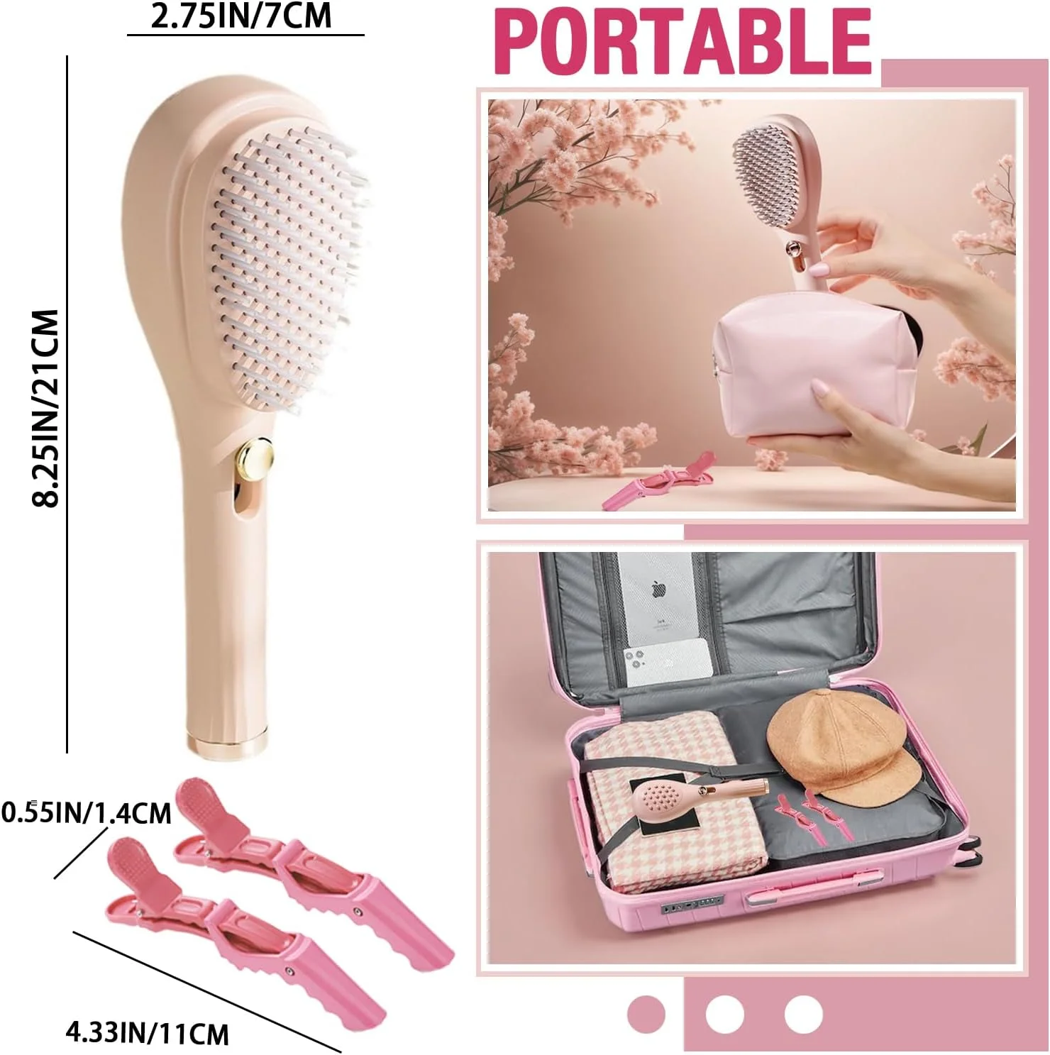 JIANGLAI Telescopic Self Cleaning Hair Brush with Two Hair Clips, One Click Hair Comb Anti Static Massage Eliminates Knots Detangling Hairbrush for Wet and Dry Hair All Hair Types (Beige) JIANGLAI Telescopic Self Cleaning Hair Brush with Two Hair Clips, One Click Hair Comb Anti Static Massage Eliminates Knots Detangling Hairbrush for Wet and Dry Hair All Hair Types (Beige)