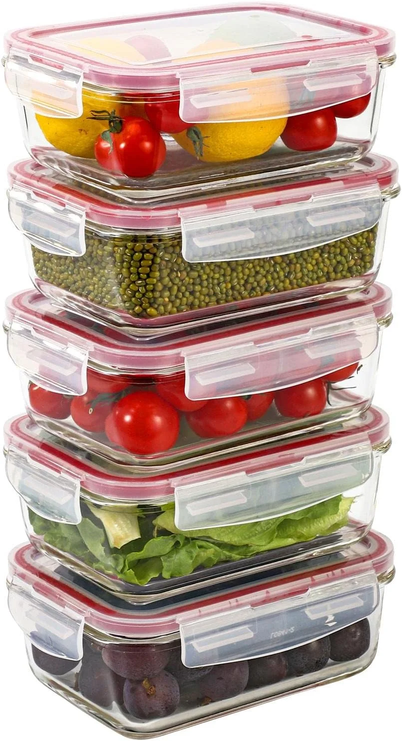 ظروف شیشه ای نگهداری غذا وینزانی، بسته 5 عددی 840 میلی لیتری، مستطیلی، مناسب آماده سازی غذا، جعبه ناهار با درب های ضد هوا، مقاوم در برابر حرارت، ضد نشت، فاقد BPA، قابل شستشو در ماشین ظرفشویی، قابل استفاده در مایکروویو و فریزر