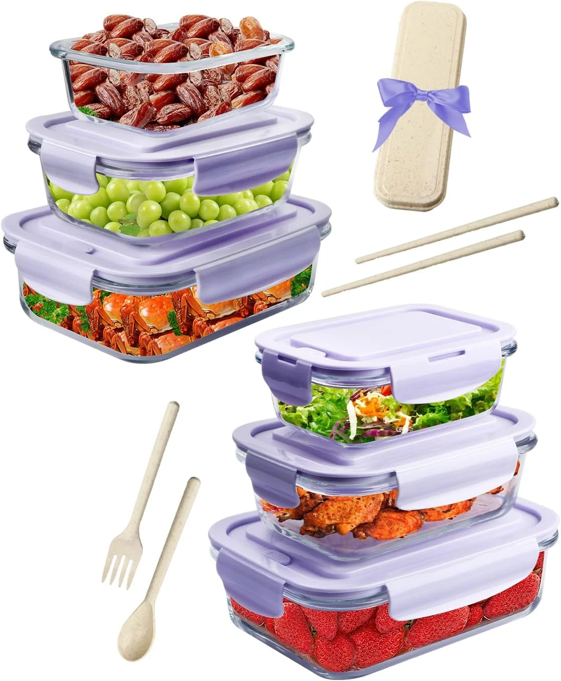ست 6 عددی ظروف شیشه ای درب دار مستطیلی URbazaar مناسب آماده سازی غذا، بنفش، 2080 میلی لیتر، فاقد BPA، قابل استفاده در مایکروویو، فریزر و ماشین ظرفشویی