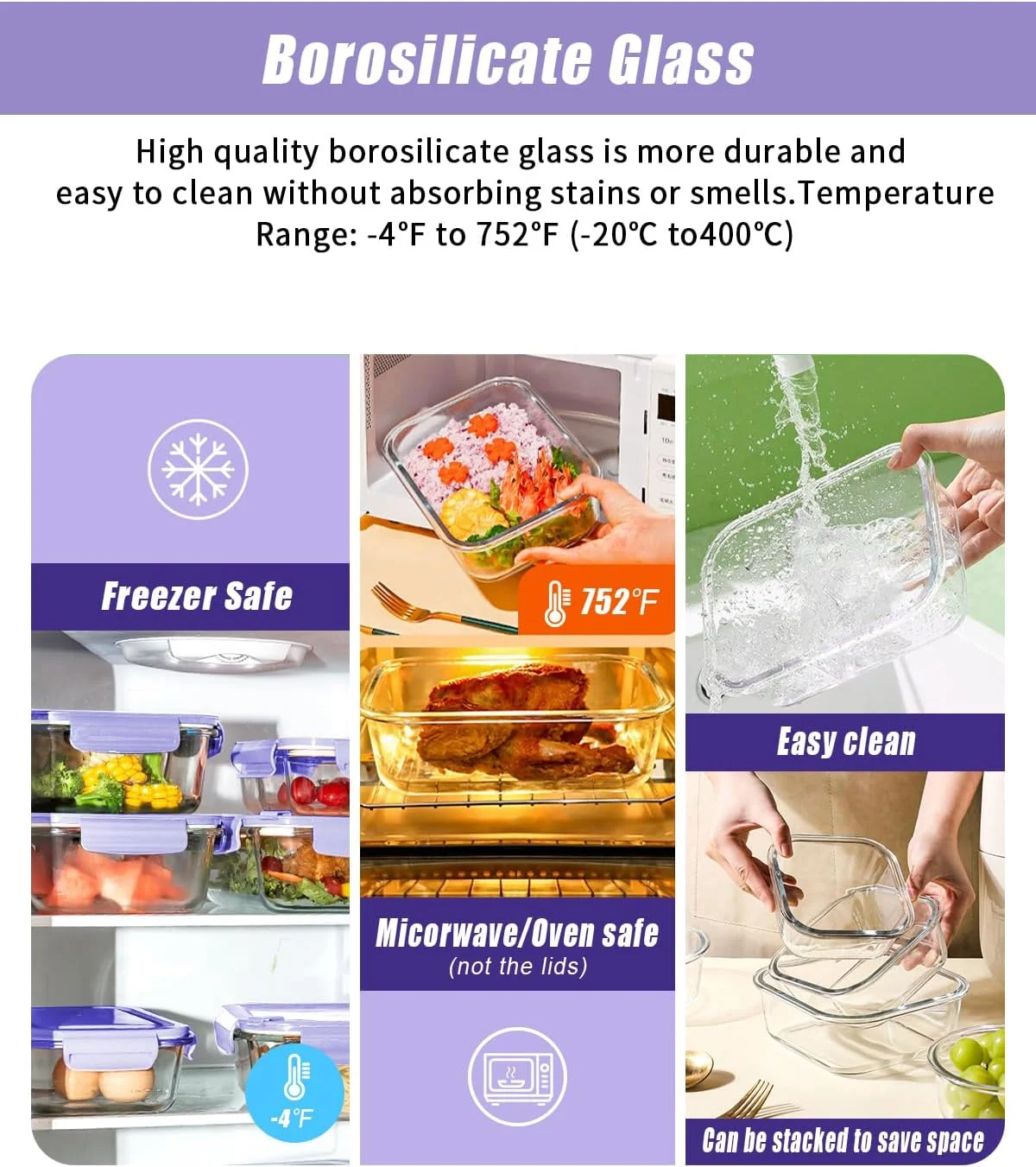 ست 6 عددی ظروف شیشه ای درب دار مستطیلی URbazaar مناسب آماده سازی غذا، بنفش، 2080 میلی لیتر، فاقد BPA، قابل استفاده در مایکروویو، فریزر و ماشین ظرفشویی