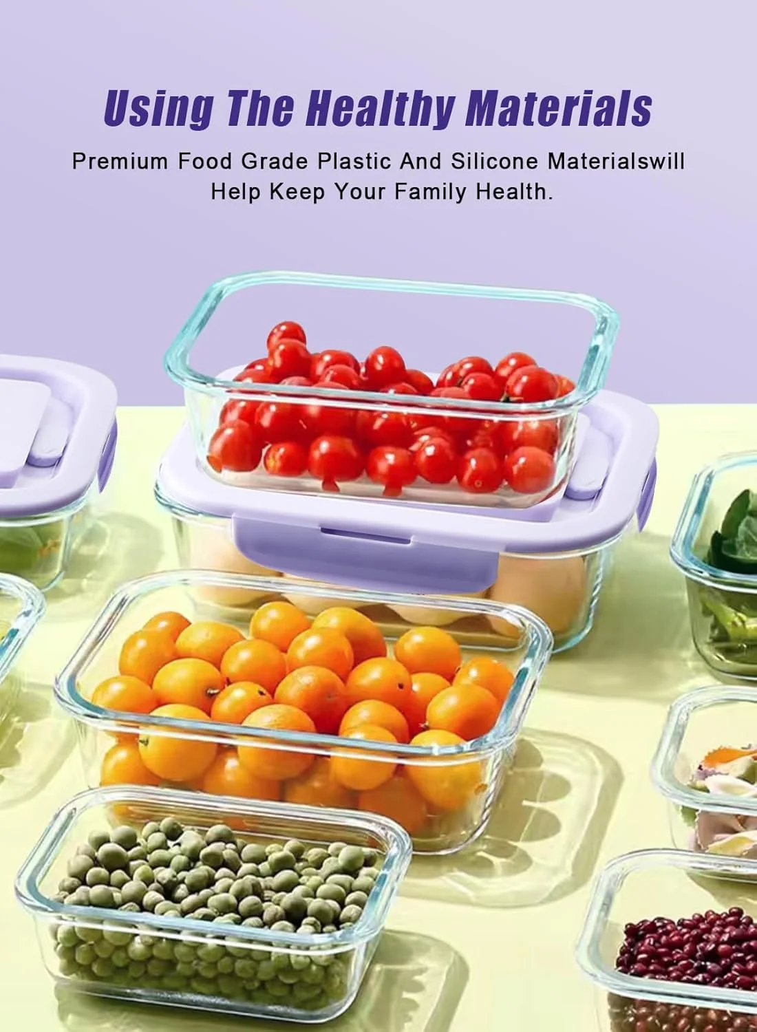 ست 6 عددی ظروف شیشه ای درب دار مستطیلی URbazaar مناسب آماده سازی غذا، بنفش، 2080 میلی لیتر، فاقد BPA، قابل استفاده در مایکروویو، فریزر و ماشین ظرفشویی
