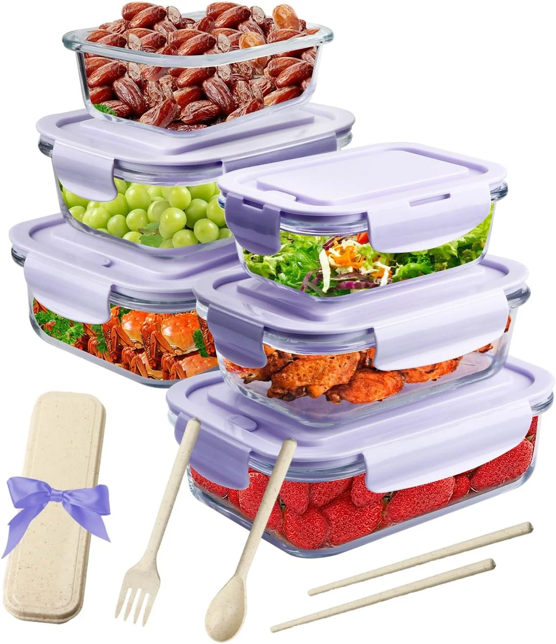ست 6 عددی ظروف شیشه ای درب دار مستطیلی URbazaar مناسب آماده سازی غذا، بنفش، 2080 میلی لیتر، فاقد BPA، قابل استفاده در مایکروویو، فریزر و ماشین ظرفشویی
