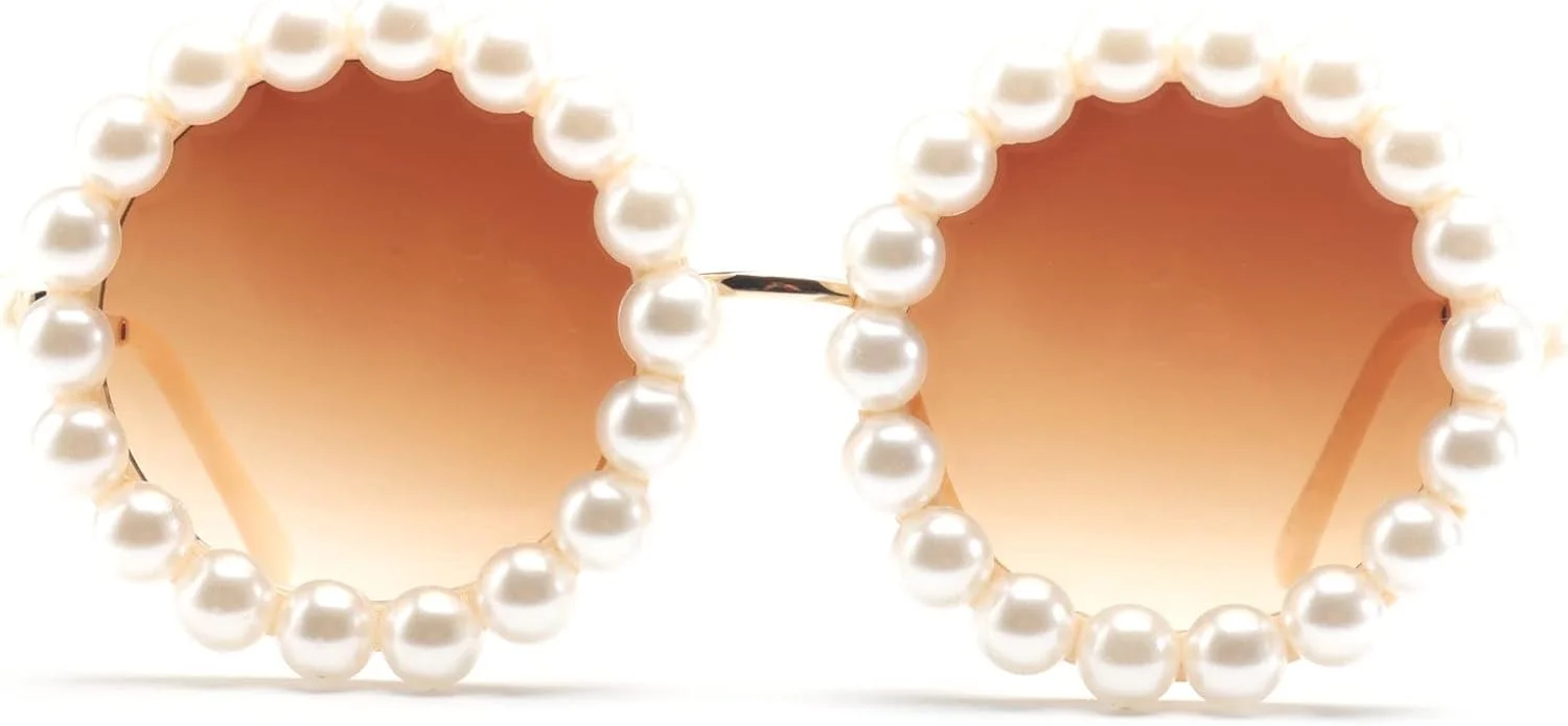 عینک آفتابی زنانه مرواریدی گرد وینتیج با فریم بزرگ آلیاژی لوکس، مناسب مهمانی و سایه های رترو