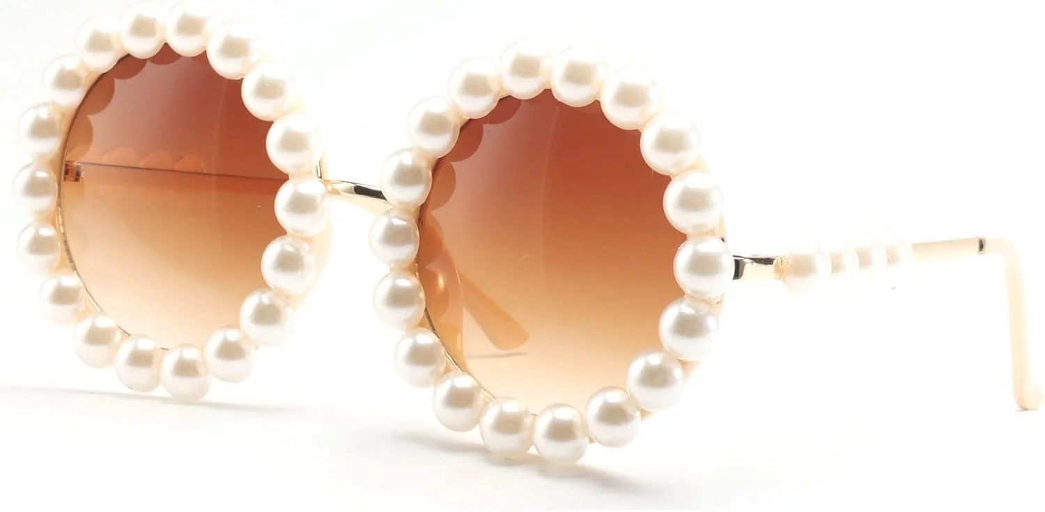 عینک آفتابی زنانه مرواریدی گرد وینتیج با فریم بزرگ آلیاژی لوکس، مناسب مهمانی و سایه های رترو