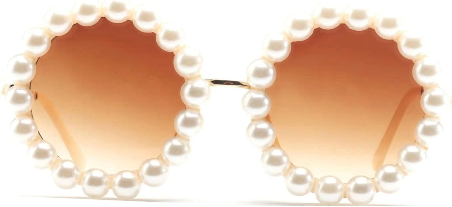 عینک آفتابی زنانه مرواریدی گرد وینتیج با فریم بزرگ آلیاژی لوکس، مناسب مهمانی و سایه های رترو