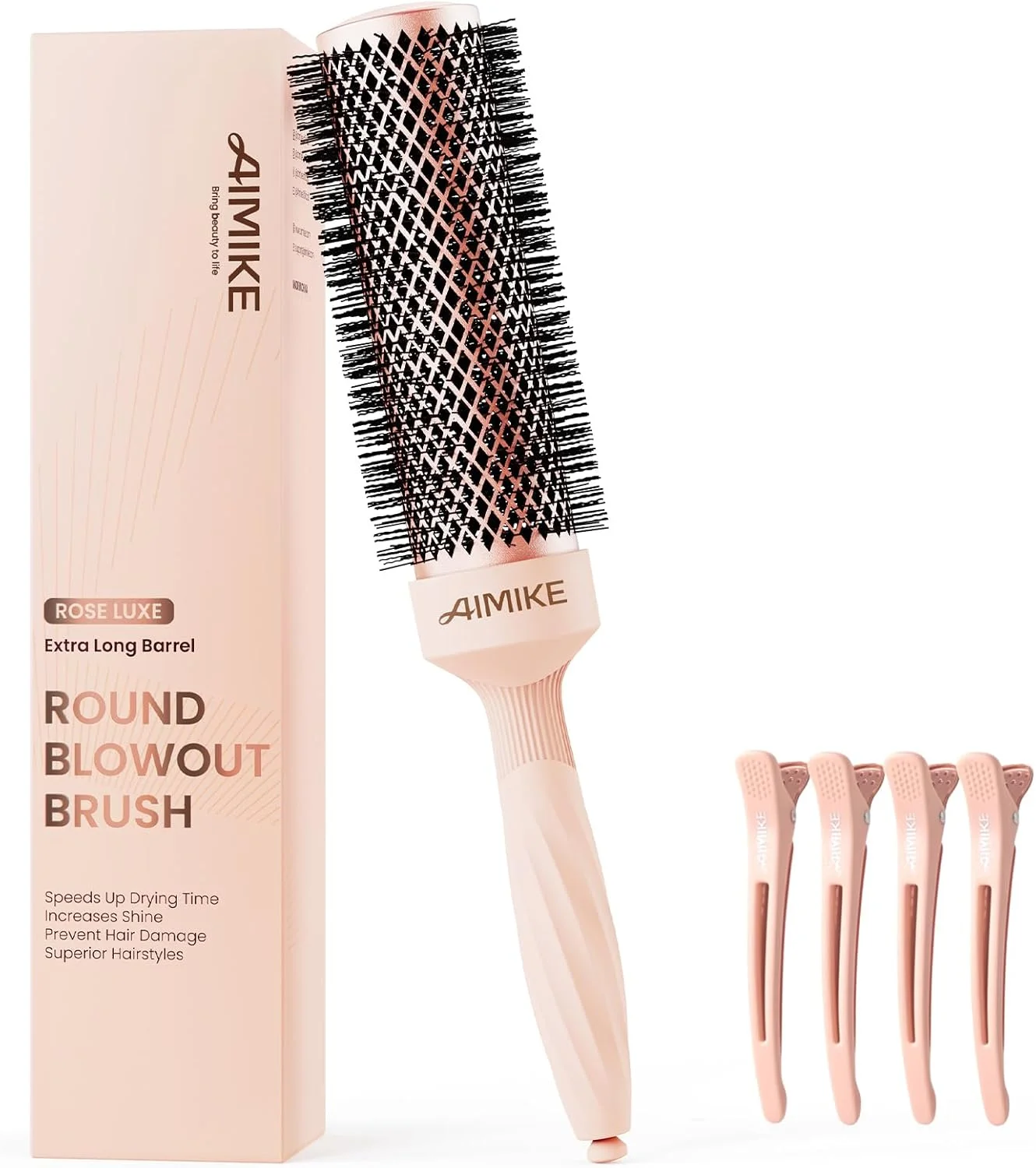 برس گرد اکسترا لانگ رز لاکچری AIMIKE، برس موی گرد یونی و نانو سرامیکی حرارتی، برای خشک کردن و حالت دادن به موهای بلند و ضخیم، به همراه 4 گیره (قطر بدنه 4.3 سانتی متر، قطر موها 6.3 سانتی متر)