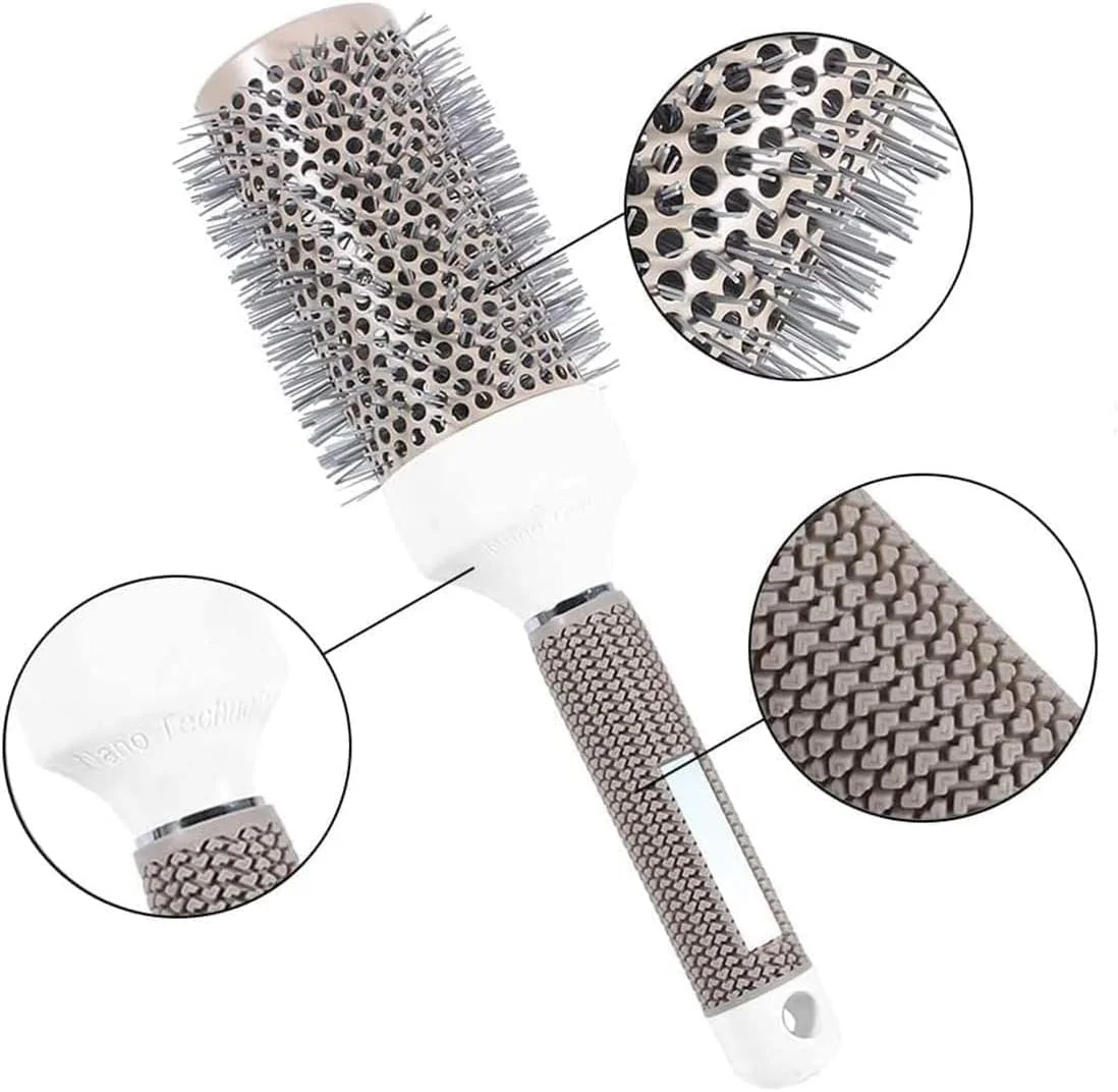 45mm Round Thermal Hair Brush for Blow Dryer – Large Ceramic Barrel Brush for Hair Drying, Styling & Curling – Anti-Frizz Volumizing Hairbrush – White & Grey