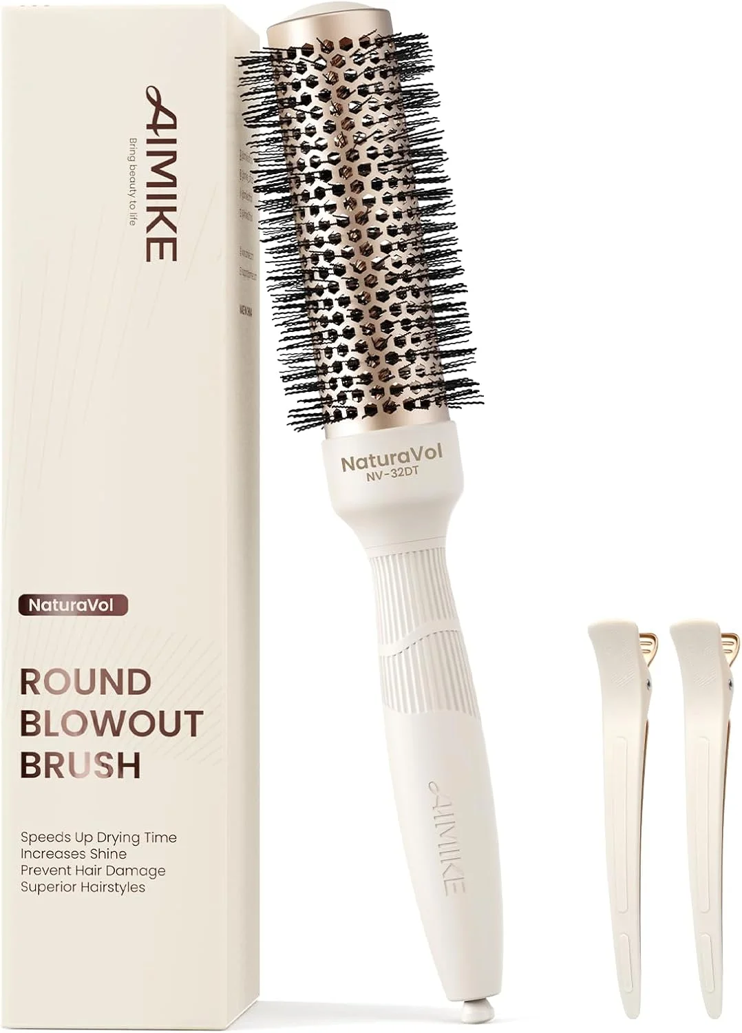 برس گرد نچرال‌ول آیمایک برای حالت دادن مو، برس موی گرد کوچک برای موهای کوتاه، برس حرارتی نانو سرامیکی برای خشک کردن و فر کردن مو، به همراه 2 گیره (قطر لوله 3.3 سانتی‌متر، طول مو 5.3 سانتی‌متر)