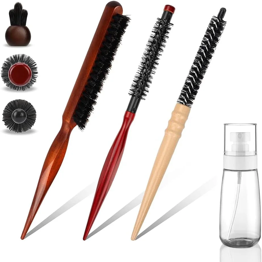 ست برس گرد کوچک 3 عددی برای خشک کردن مو با سشوار به همراه بطری اسپری 60 میلی لیتری، شانه فر کننده حرفه ای برای حالت دادن به موهای کوتاه مردانه و زنانه