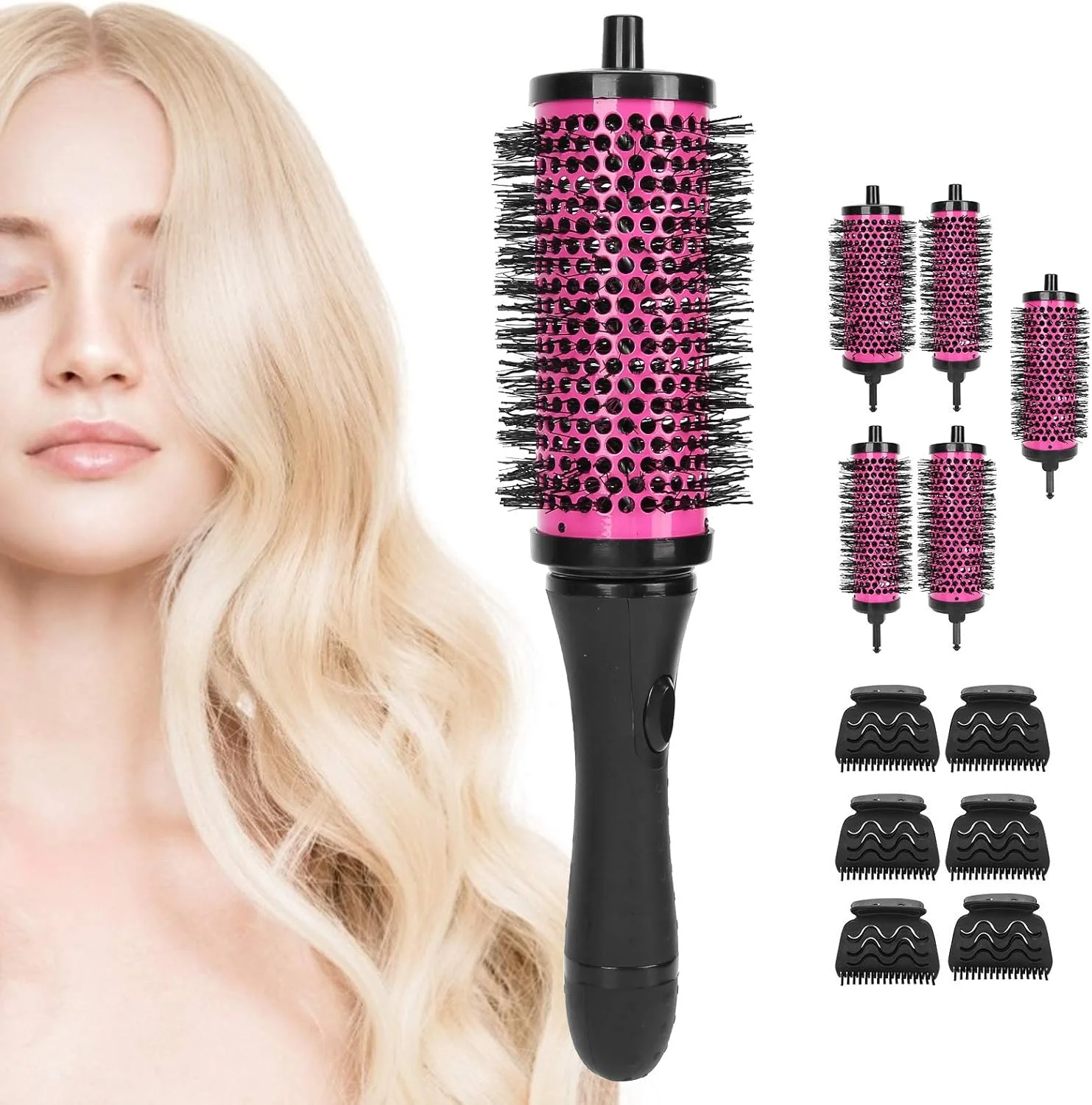 ست برس مو گرد 6 عددی، مجموعه ابزار فر کننده مو با میله های جداشدنی، برس حرارتی گرد، گیره مو برای حالت دادن و خشک کردن مو