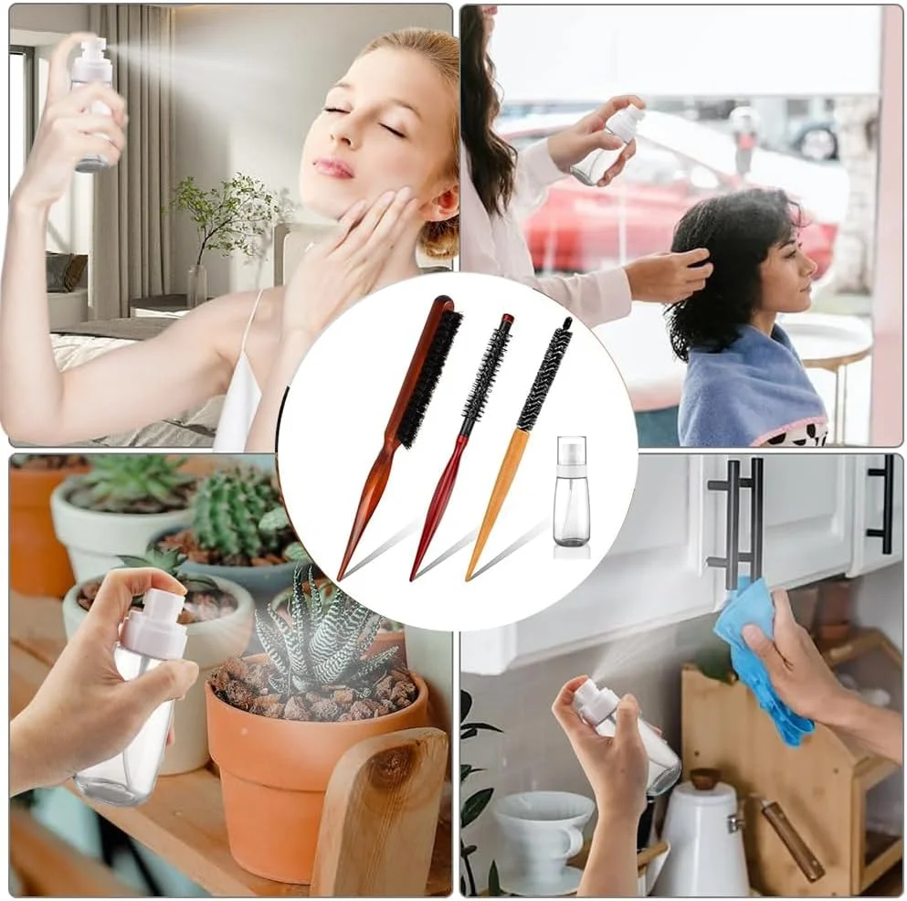 ست برس گرد کوچک 3 عددی برای خشک کردن مو با سشوار به همراه بطری اسپری 60 میلی لیتری، شانه فر کننده حرفه ای برای حالت دادن به موهای کوتاه مردانه و زنانه