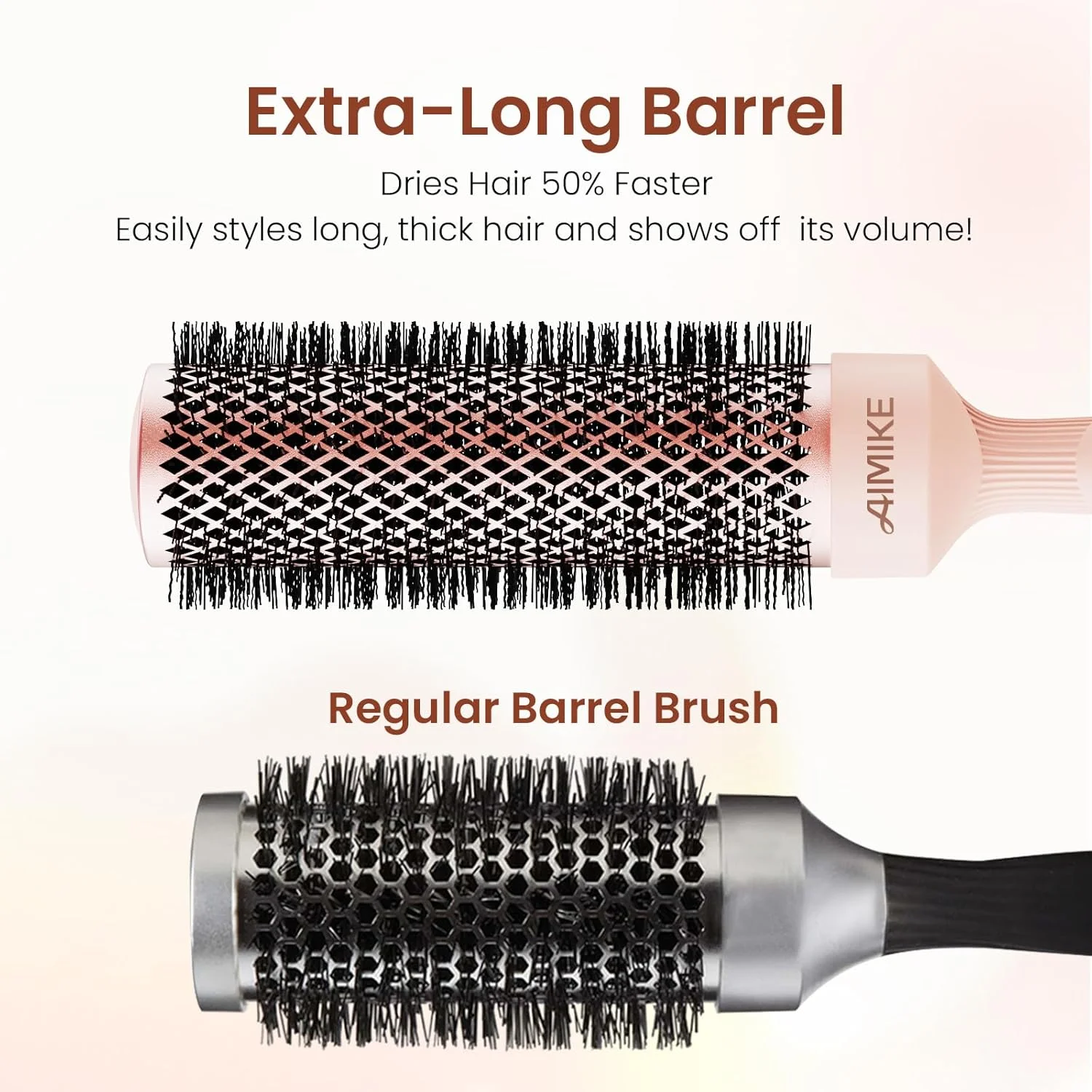 برس گرد اکسترا لانگ رز لاکچری AIMIKE، برس موی گرد یونی و نانو سرامیکی حرارتی، برای خشک کردن و حالت دادن به موهای بلند و ضخیم، به همراه 4 گیره (قطر بدنه 4.3 سانتی متر، قطر موها 6.3 سانتی متر)