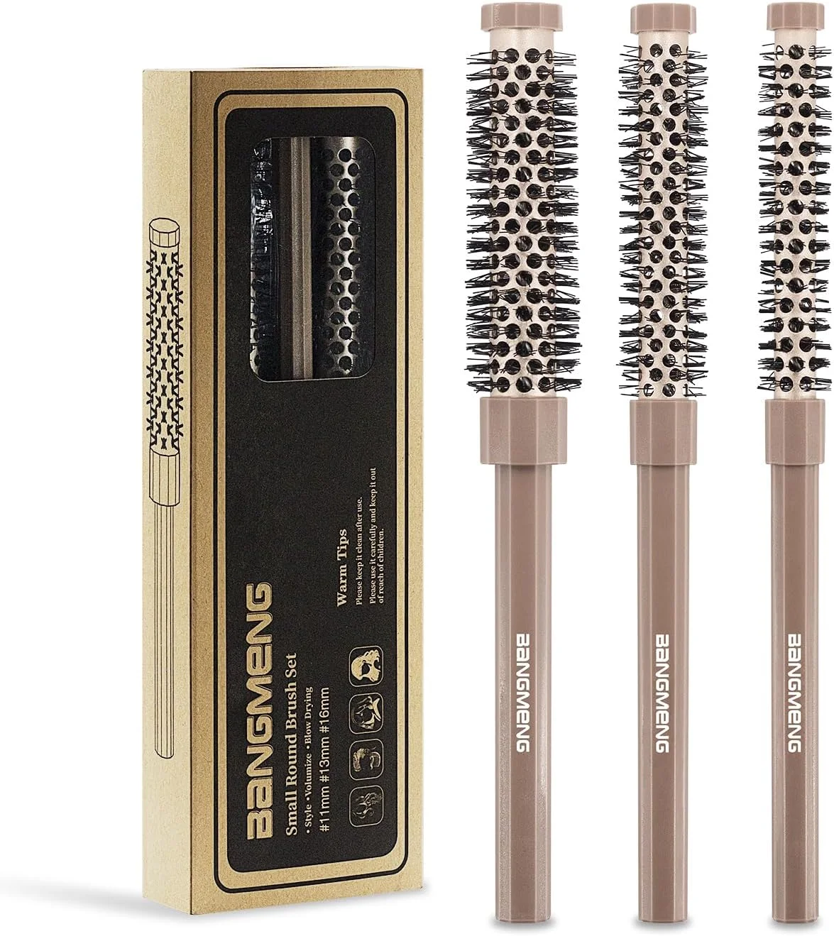 ست برس گرد کوچک بنگمنگ 3 عددی، برس مو استوانه‌ای 3/7 1/2 5/8 اینچی برای خشک کردن با سشوار، برس موی نرم برای حالت دادن، حجم دادن به مو برای زنان و مردان، موهای کوتاه، چتری، ریشه، فر کردن، صاف کردن