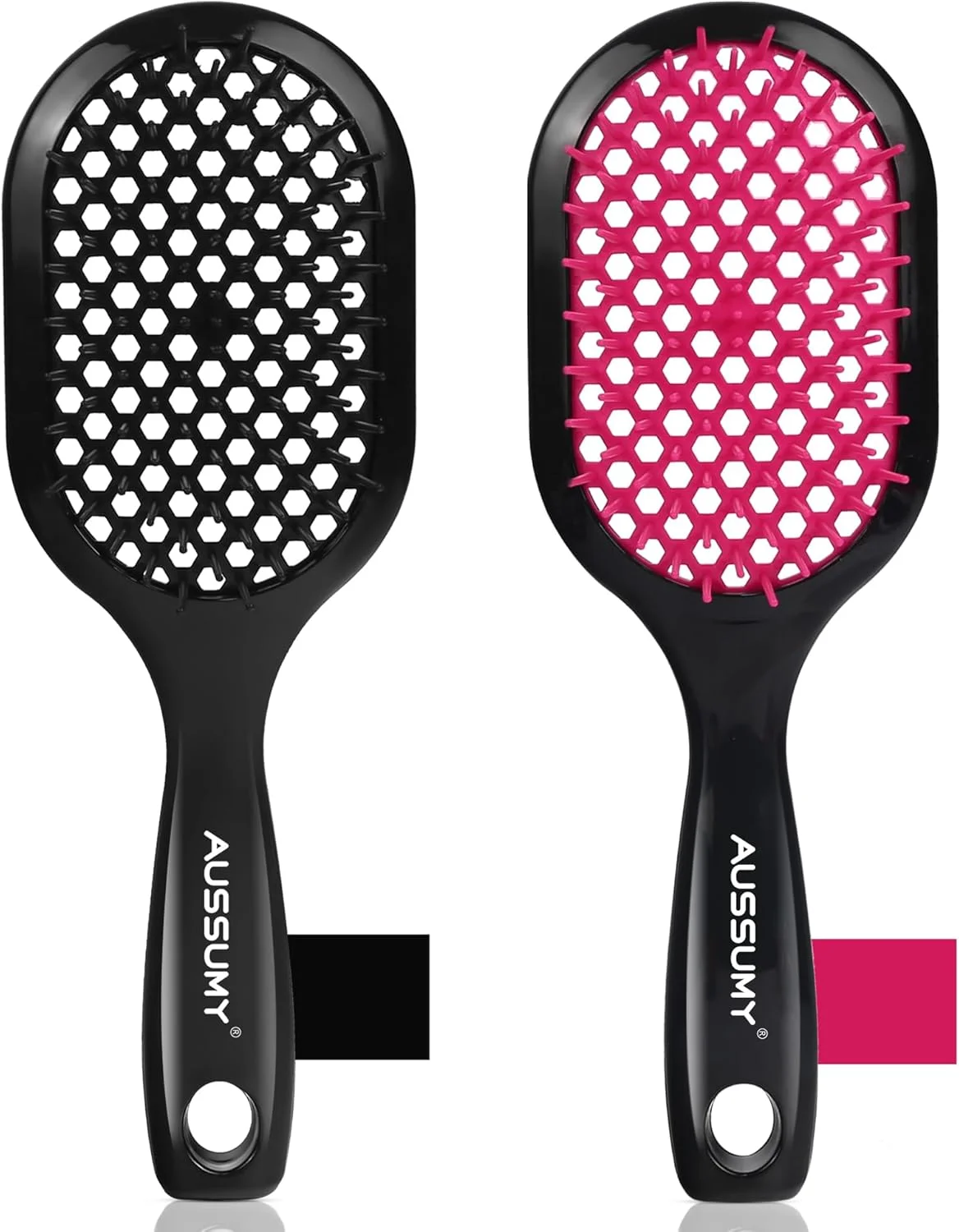 برس موی باز کننده گره Aussumy - بسته 2 عددی برس باز کننده گره مو برای باز کردن آسان گره ها - موهای نرم و لطیف برای موهای فر، صاف، خیس، خشک و آسیب دیده طبیعی برای زنان، مردان و کودکان - مشکی و سرخابی