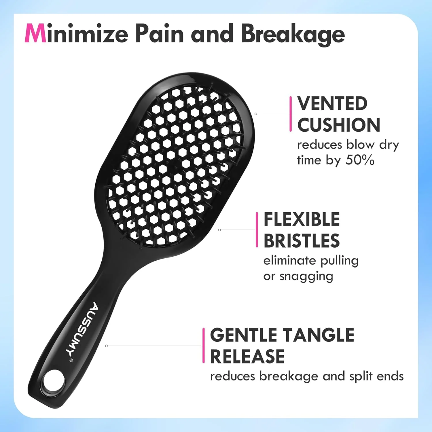 برس موی باز کننده گره Aussumy - بسته 2 عددی برس باز کننده گره مو برای باز کردن آسان گره ها - موهای نرم و لطیف برای موهای فر، صاف، خیس، خشک و آسیب دیده طبیعی برای زنان، مردان و کودکان - مشکی و سرخابی