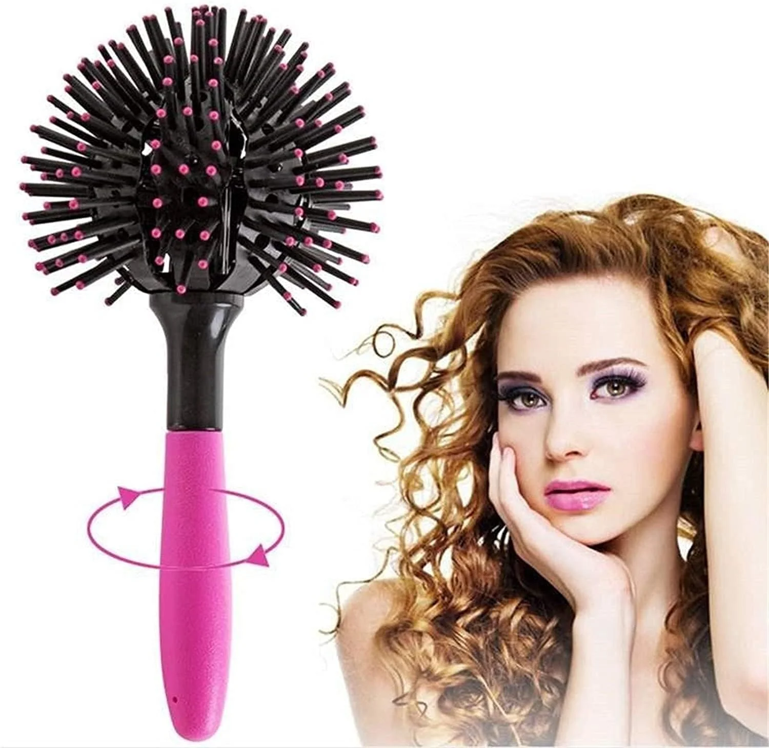 برس مو توپی بوکلا، برس سشوار توپی سه بعدی، برس مو فر کننده بمبی، ابزار مو شانه فر کننده مو گرد برای حالت دادن مو، مناسب برای ایجاد موهای مجعد، حرارتی بزرگ (صورتی-مشکی)